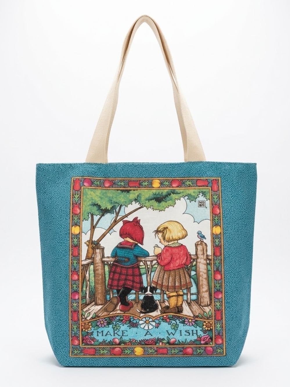 Vintage Mary Engelbreit Make A Wish Canvas Tote Bag Cottagecore Whimsical Teal